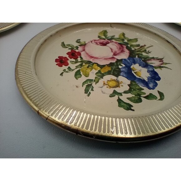 Tin Coasters Vintage Made In Denmark Round Floral Set Of 7 With Gold Trim - Picture 12 of 16
